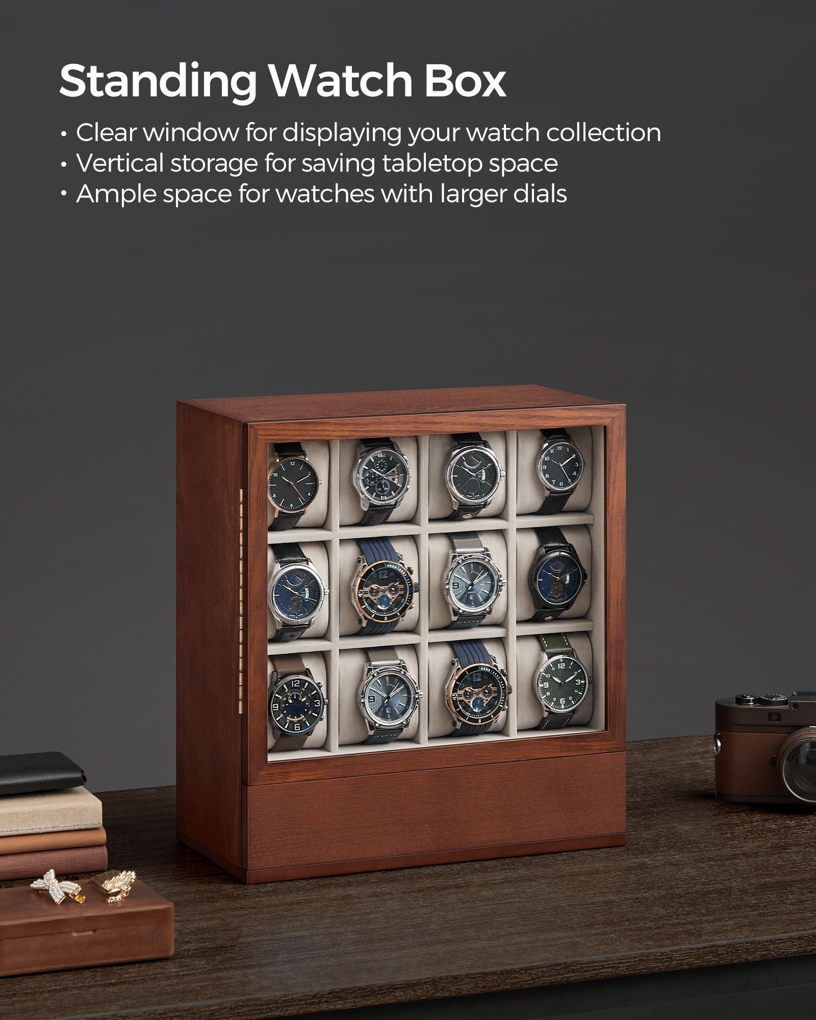 Watch Display Box – Solid Wood Veneer – Coffee Brown – 12-Slot Vertical Storage with Window