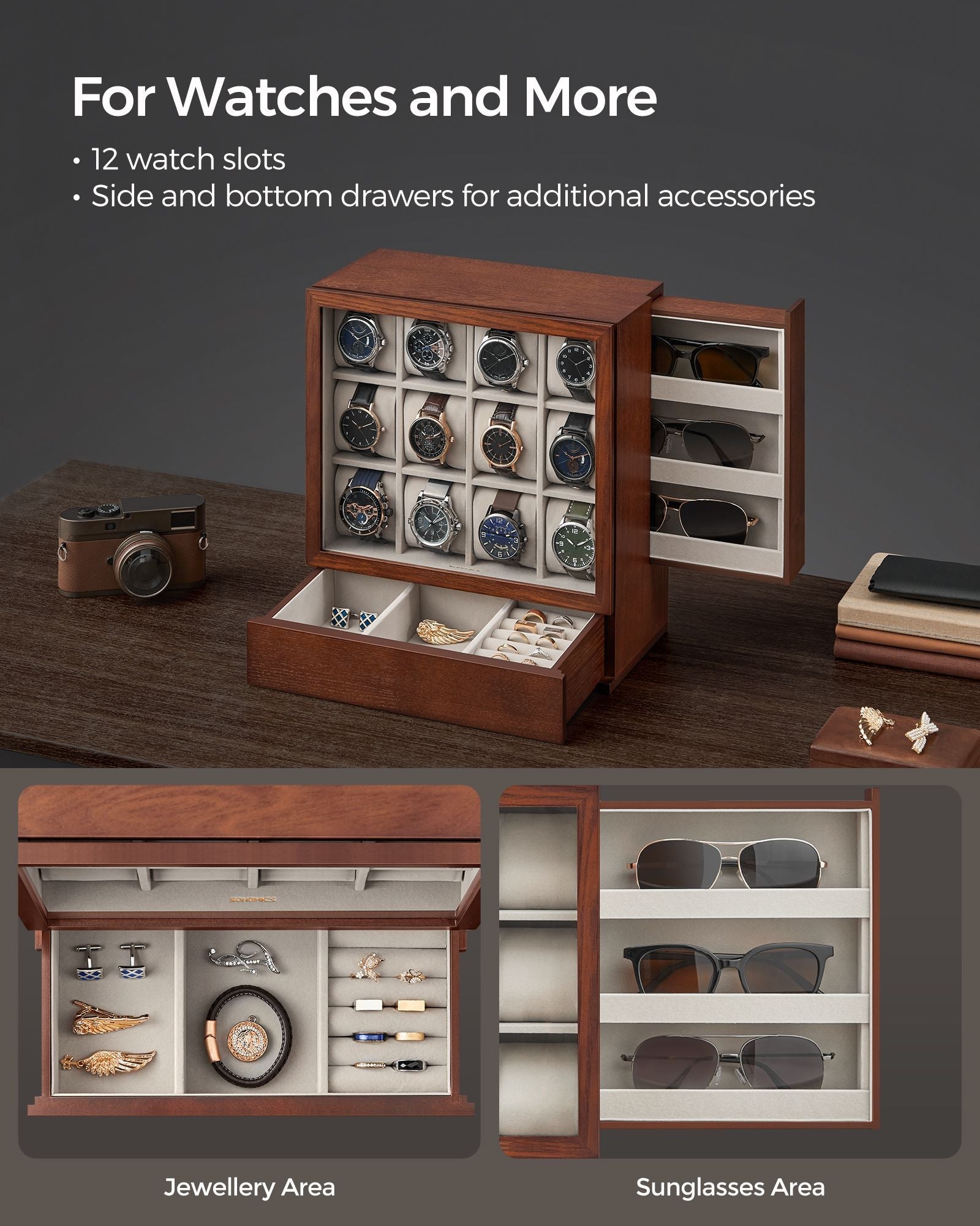 Watch Display Box – Solid Wood Veneer – Coffee Brown – 12-Slot Vertical Storage with Window