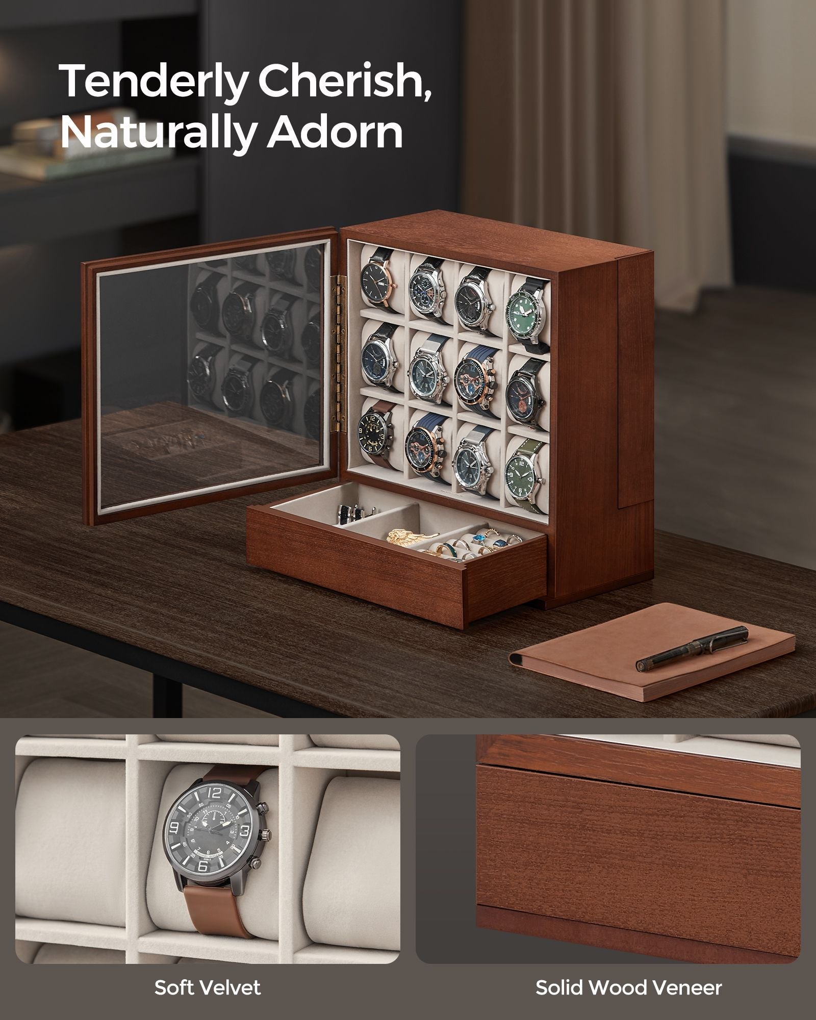 Watch Display Box – Solid Wood Veneer – Coffee Brown – 12-Slot Vertical Storage with Window