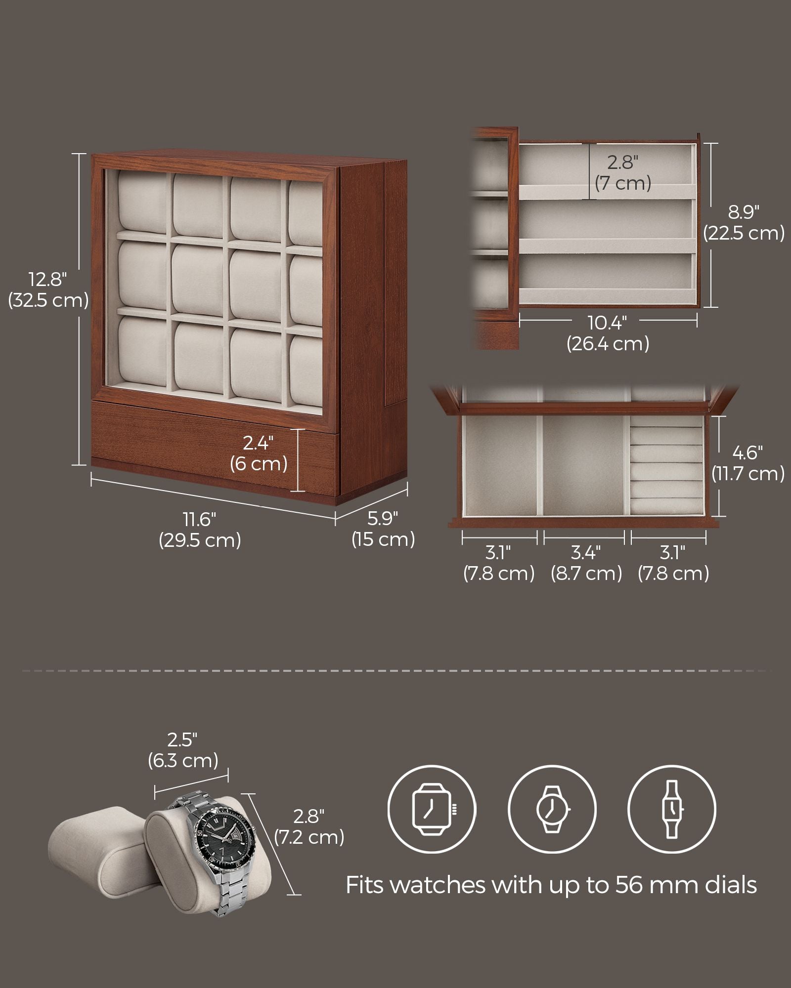 Watch Display Box – Solid Wood Veneer – Coffee Brown – 12-Slot Vertical Storage with Window