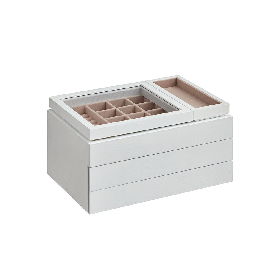 3-Layer Wooden Jewellery Organiser – Solid Wood Veneer – Snow White – Clear Lid with Removable Tray and Velvet Lining