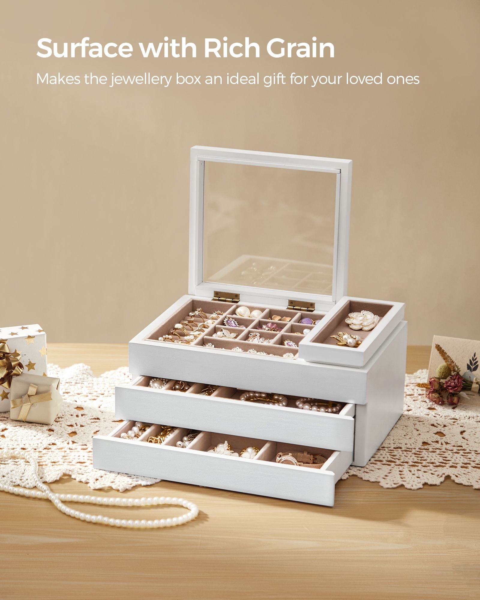 3-Layer Wooden Jewellery Organiser – Solid Wood Veneer – Snow White – Clear Lid with Removable Tray and Velvet Lining