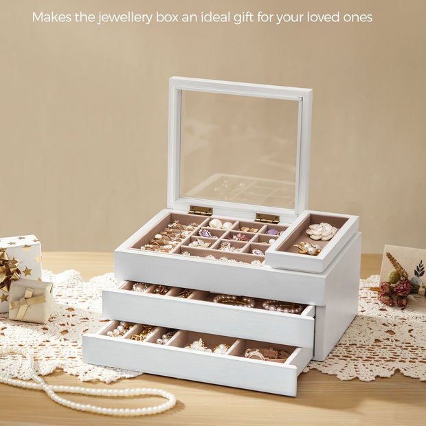 3-Layer Wooden Jewellery Organiser – Solid Wood Veneer – Snow White – Clear Lid with Removable Tray and Velvet Lining