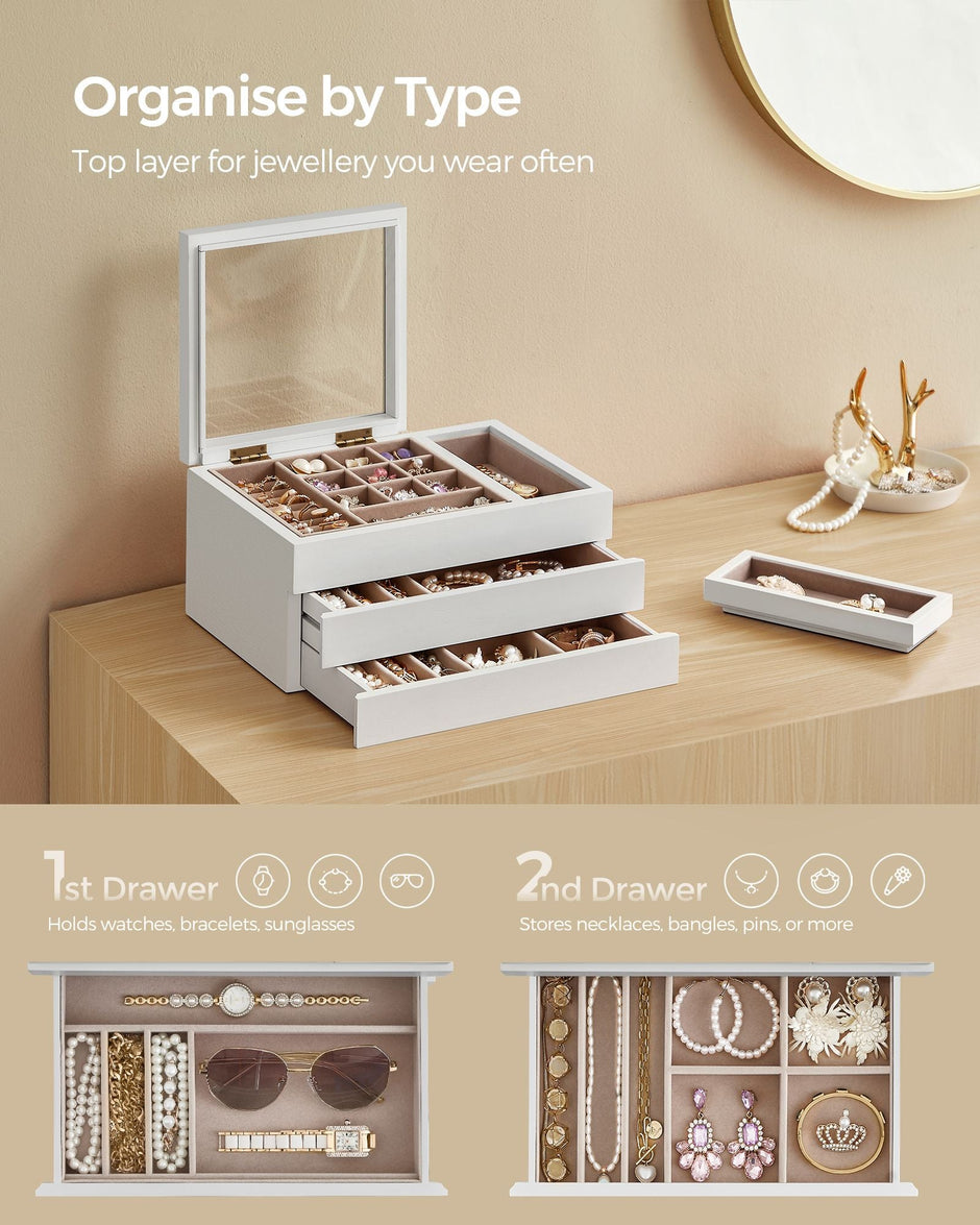 3-Layer Wooden Jewellery Organiser – Solid Wood Veneer – Snow White – Clear Lid with Removable Tray and Velvet Lining