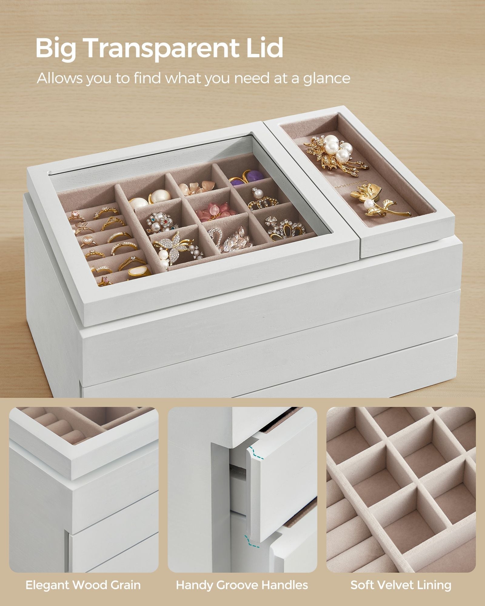 3-Layer Wooden Jewellery Organiser – Solid Wood Veneer – Snow White – Clear Lid with Removable Tray and Velvet Lining