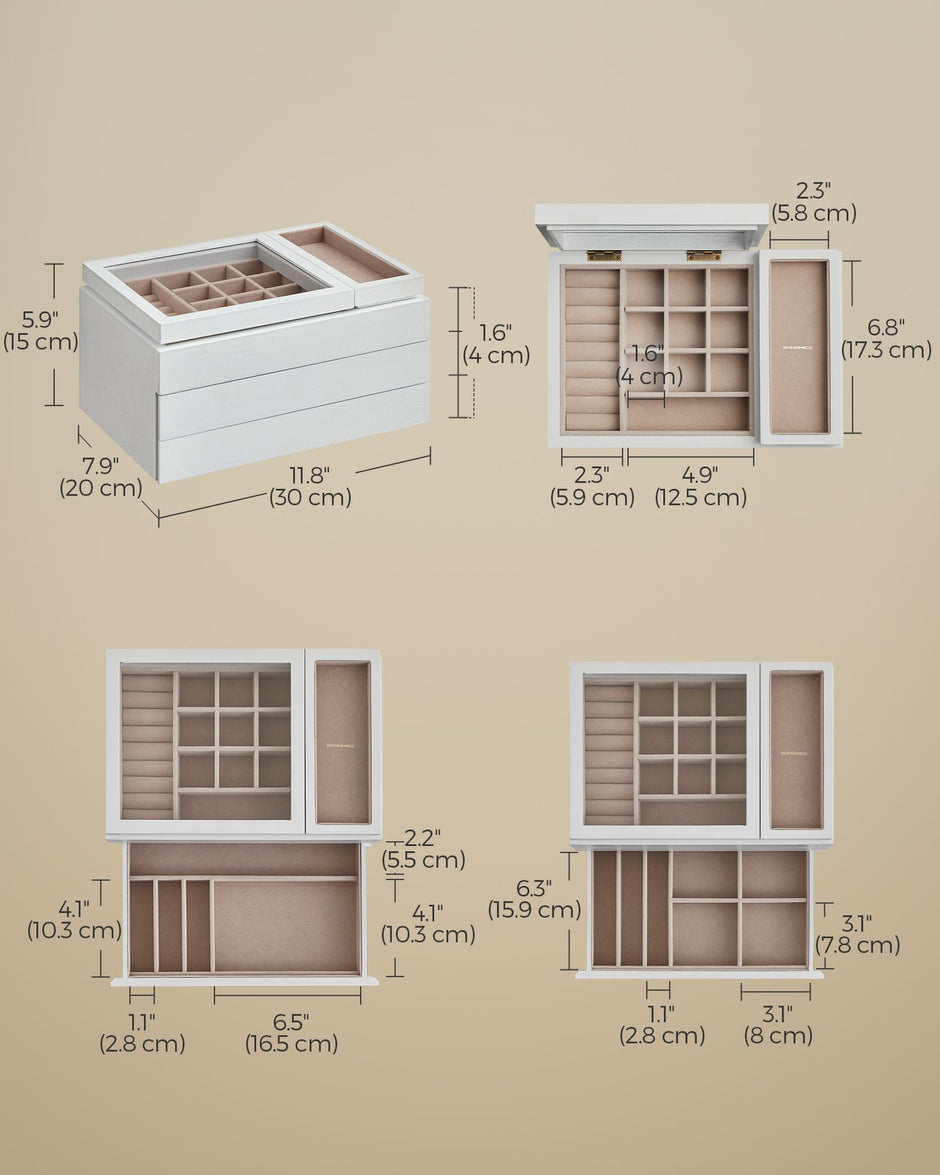3-Layer Wooden Jewellery Organiser – Solid Wood Veneer – Snow White – Clear Lid with Removable Tray and Velvet Lining
