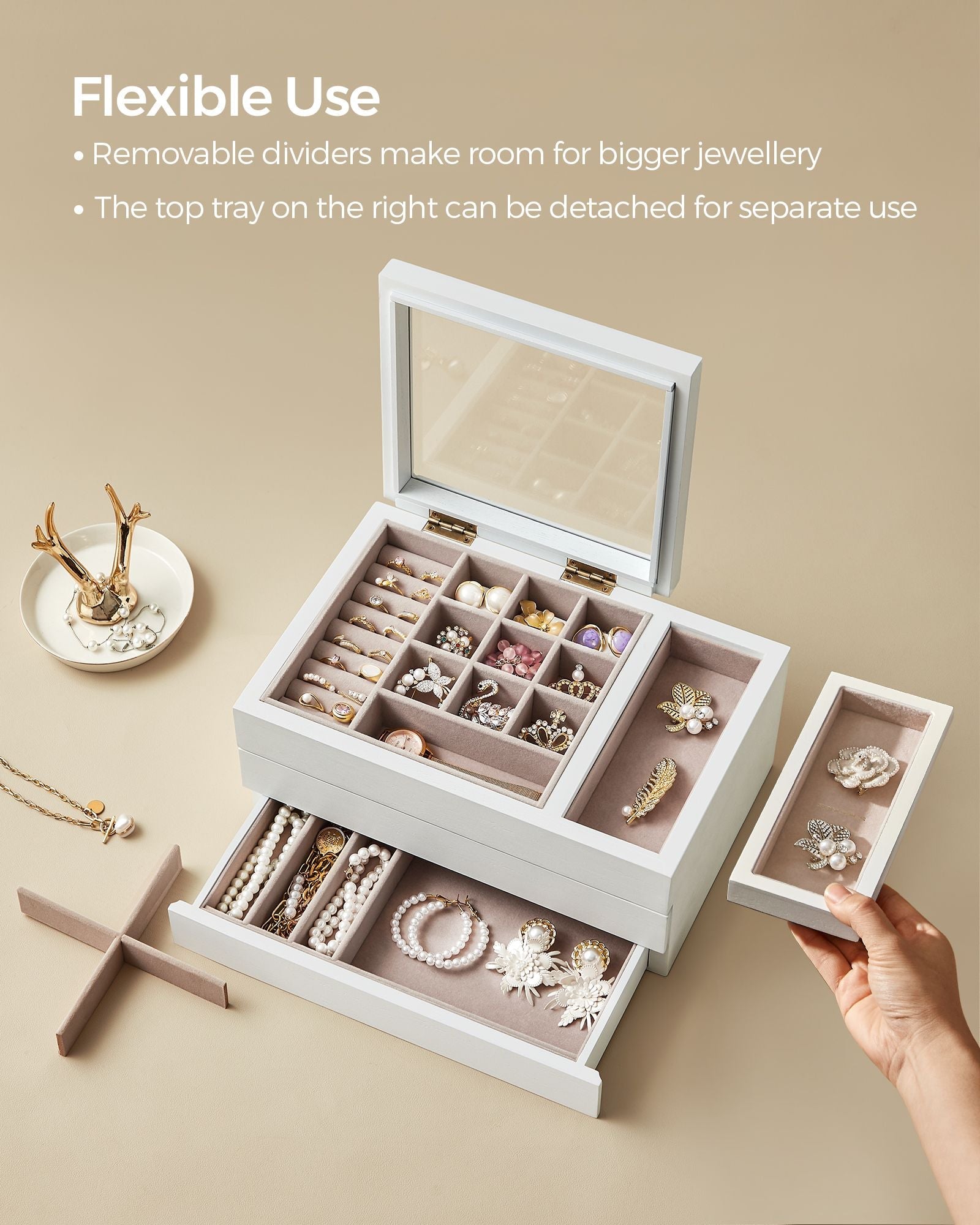3-Layer Wooden Jewellery Organiser – Solid Wood Veneer – Snow White – Clear Lid with Removable Tray and Velvet Lining