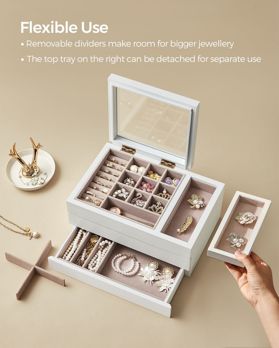 3-Layer Wooden Jewellery Organiser – Solid Wood Veneer – Snow White – Clear Lid with Removable Tray and Velvet Lining