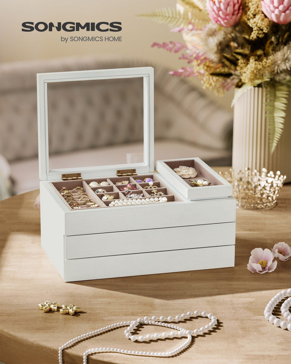 3-Layer Wooden Jewellery Organiser – Solid Wood Veneer – Snow White – Clear Lid with Removable Tray and Velvet Lining