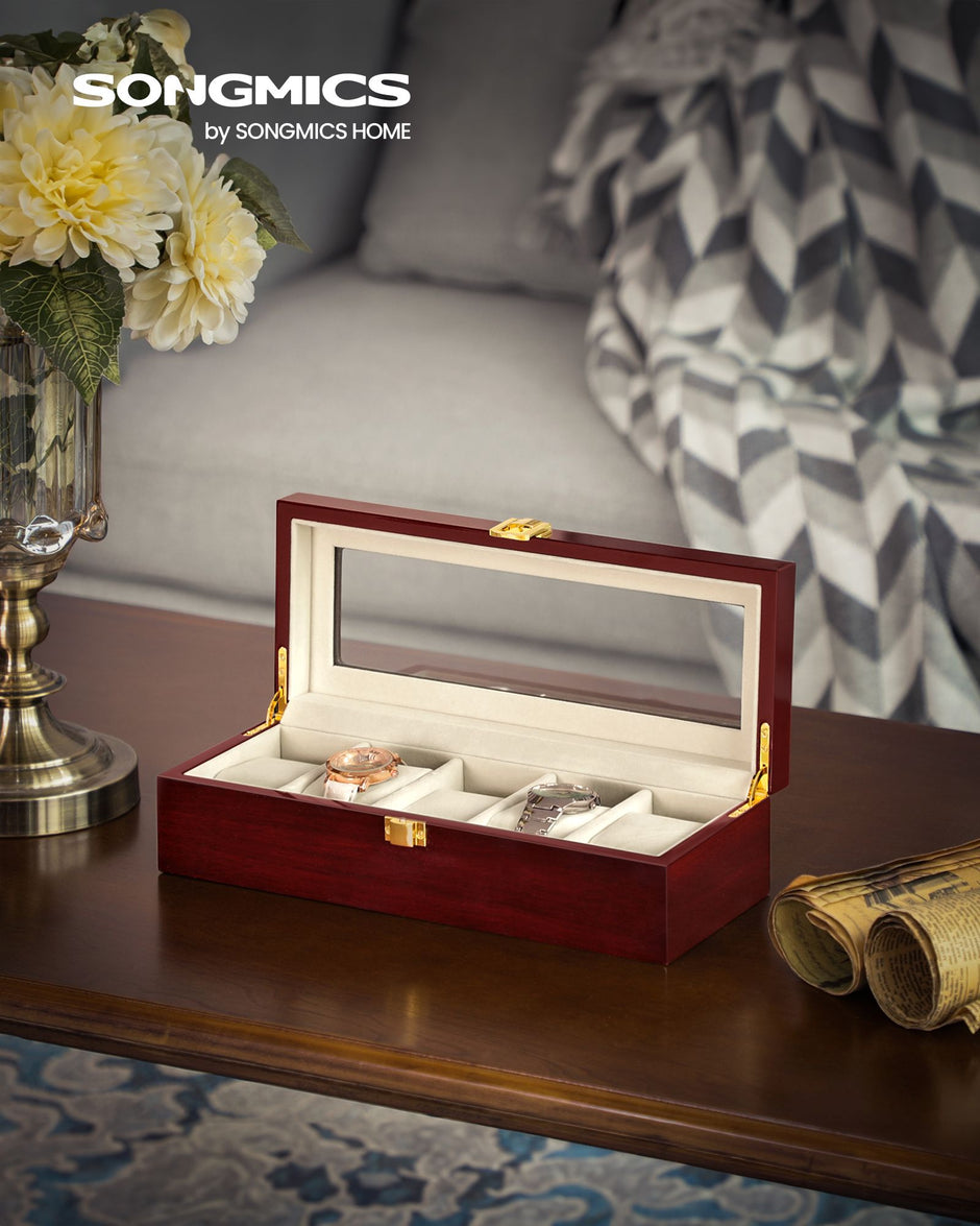 Watch Box – Wood – Elegant White – 5-Slot with Glass Lid and Removable Pillows