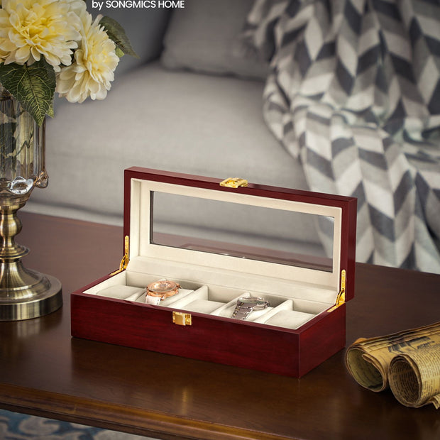 Watch Box – Wood – Elegant White – 5-Slot with Glass Lid and Removable Pillows
