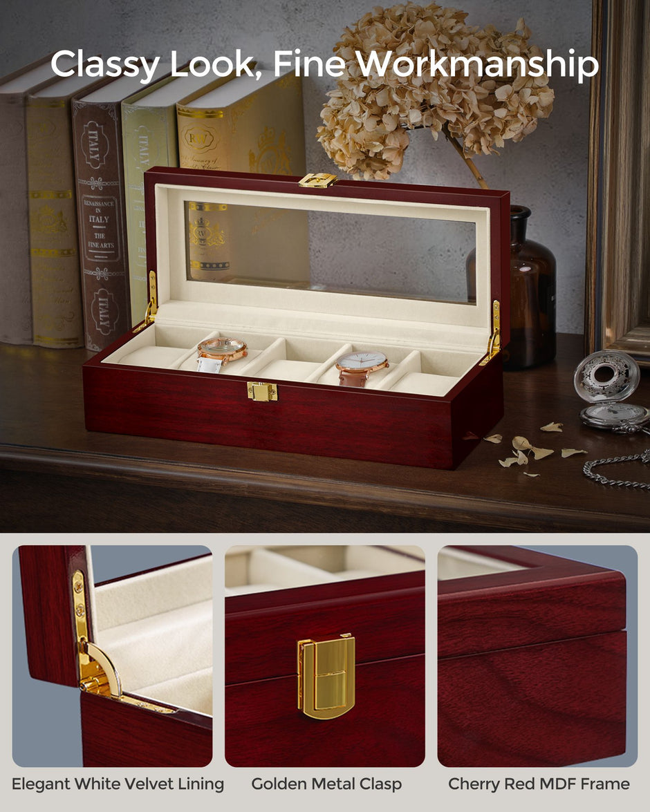 Watch Box – Wood – Elegant White – 5-Slot with Glass Lid and Removable Pillows