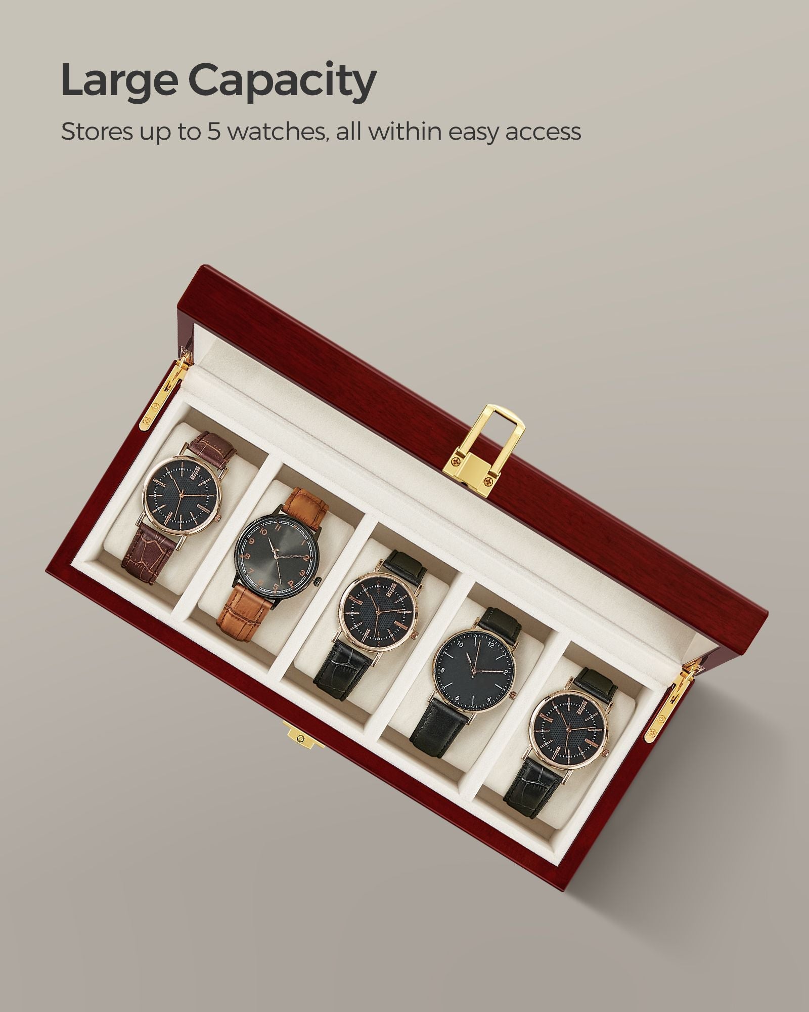 Watch Box – Wood – Elegant White – 5-Slot with Glass Lid and Removable Pillows