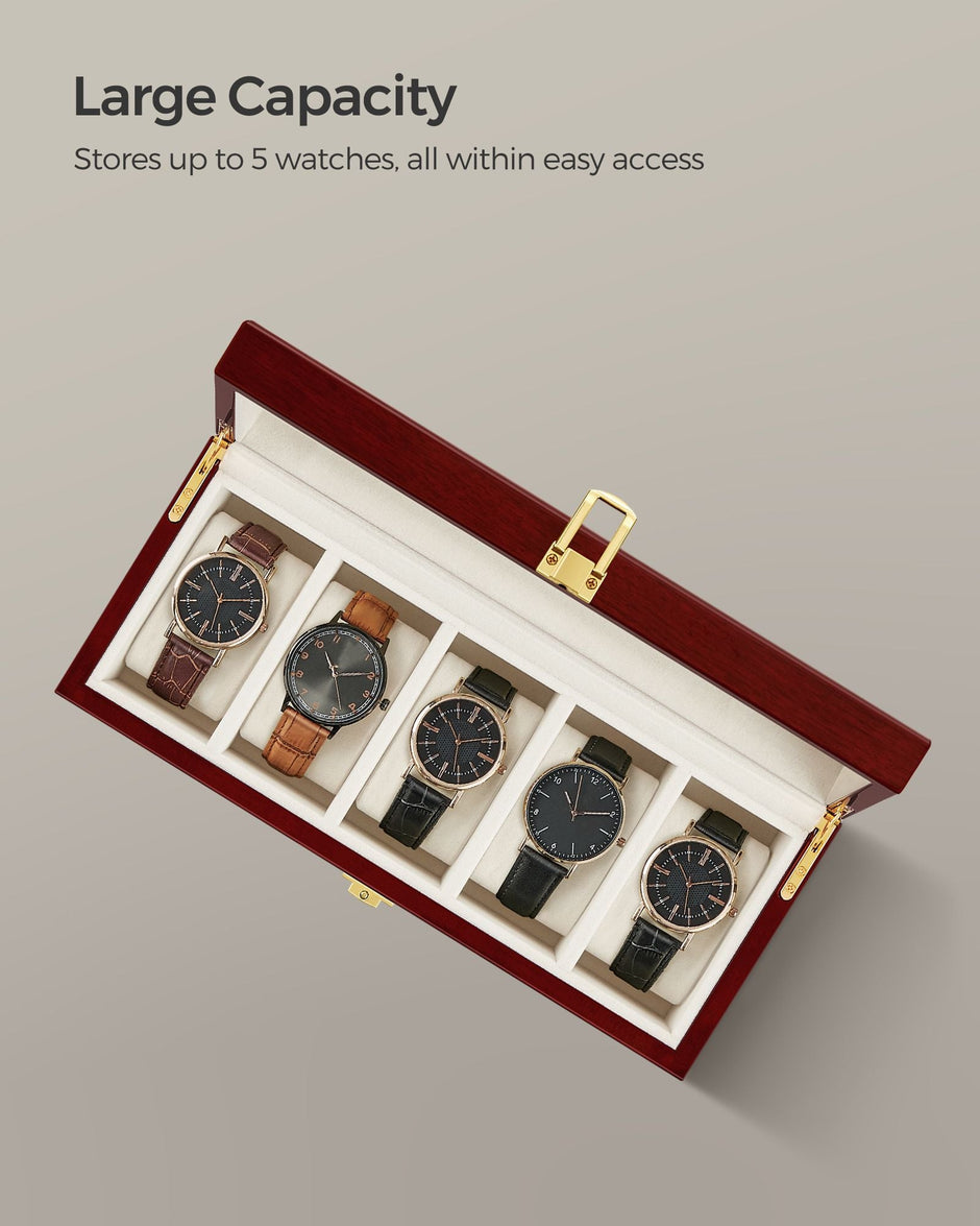 Watch Box – Wood – Elegant White – 5-Slot with Glass Lid and Removable Pillows