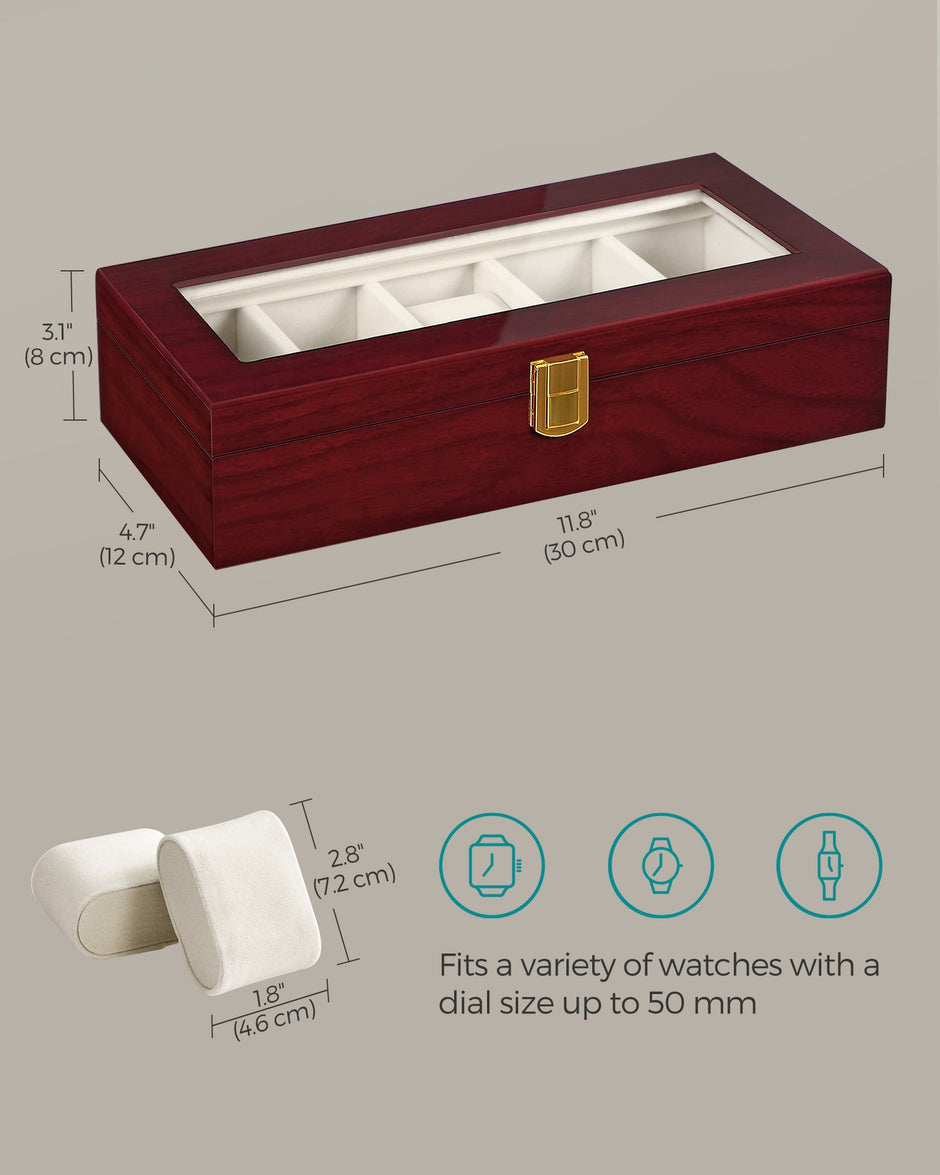 Watch Box – Wood – Elegant White – 5-Slot with Glass Lid and Removable Pillows
