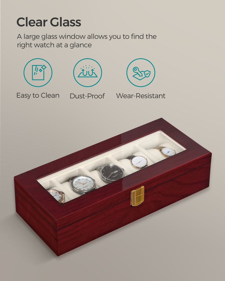 Watch Box – Wood – Elegant White – 5-Slot with Glass Lid and Removable Pillows