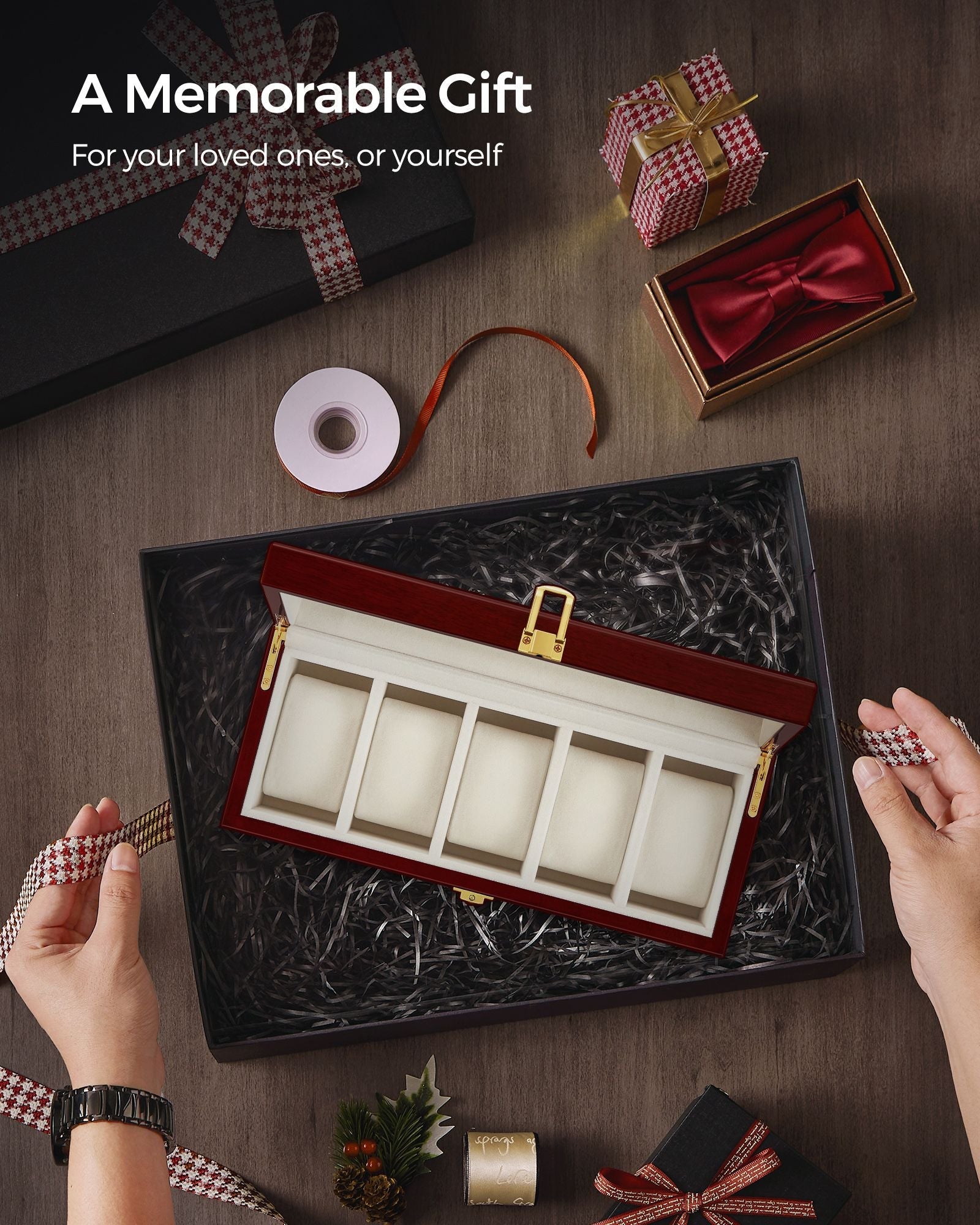 Watch Box – Wood – Elegant White – 5-Slot with Glass Lid and Removable Pillows