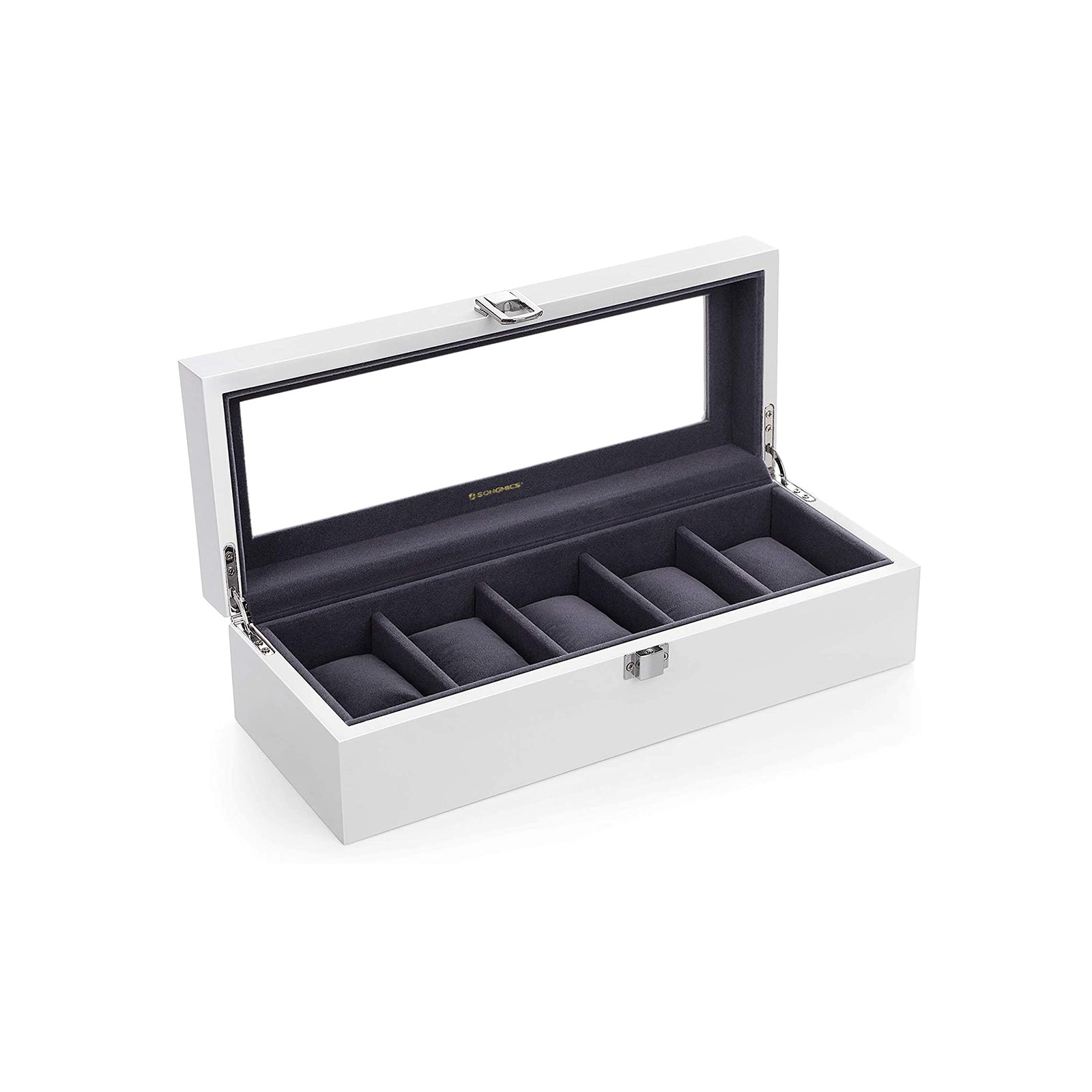 Wooden Watch Box – Elegant Finish – White – 5 Slots with Glass Lid and Velvet Lining