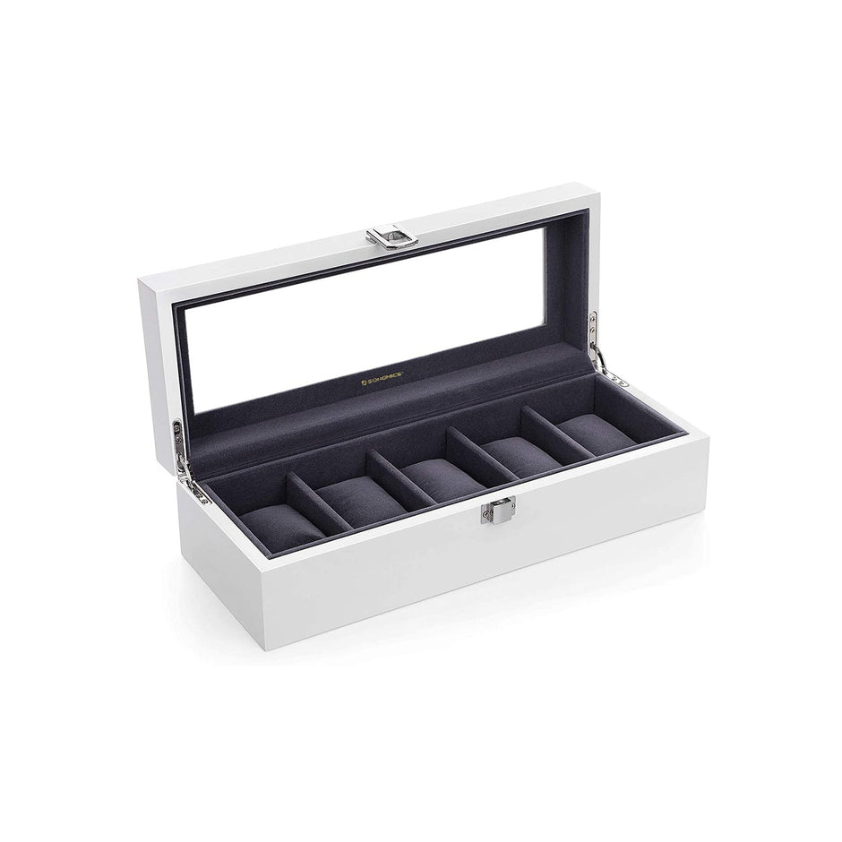 Wooden Watch Box – Elegant Finish – White – 5 Slots with Glass Lid and Velvet Lining