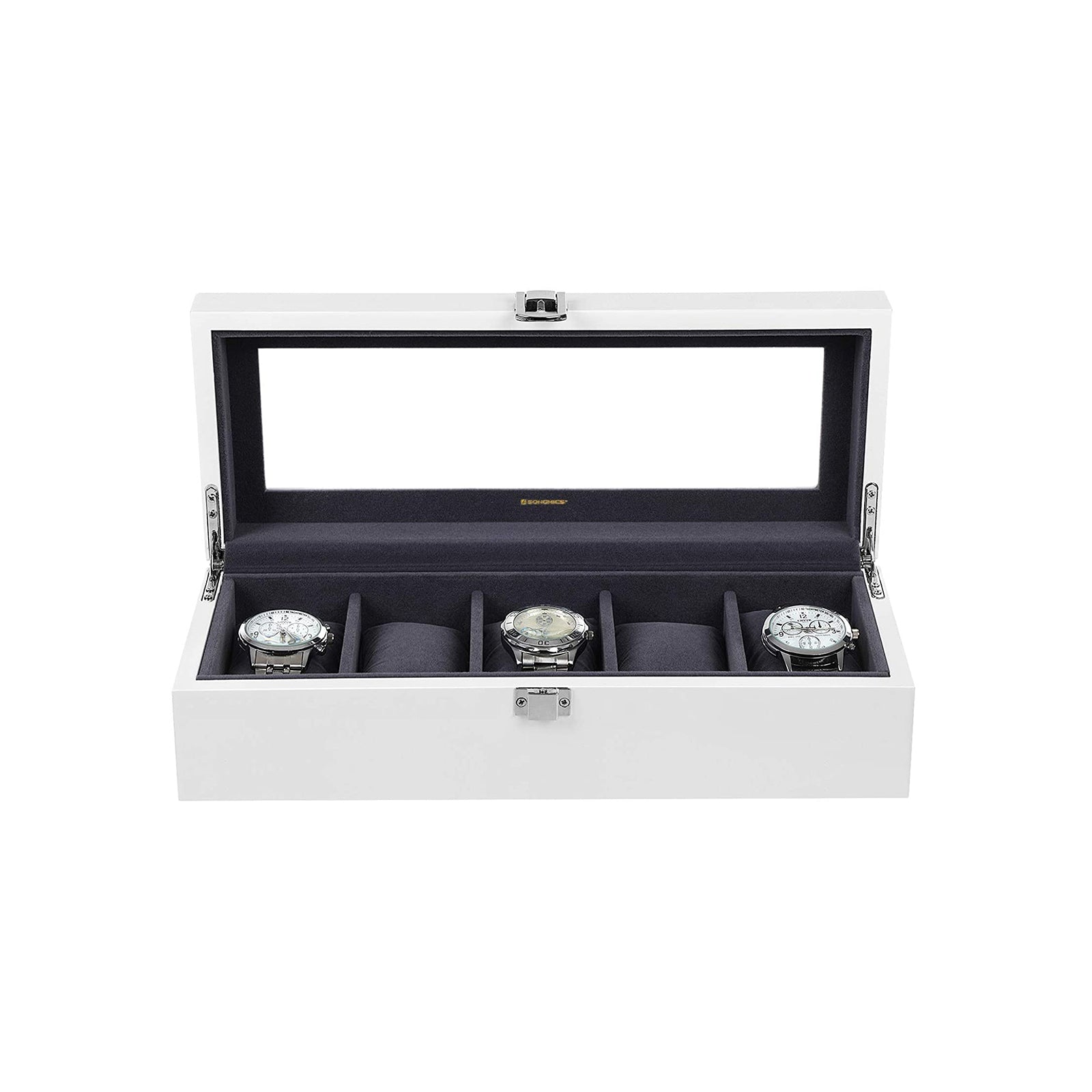Wooden Watch Box – Elegant Finish – White – 5 Slots with Glass Lid and Velvet Lining