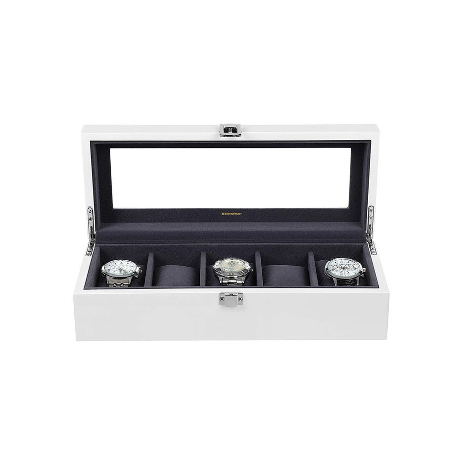 Wooden Watch Box – Elegant Finish – White – 5 Slots with Glass Lid and Velvet Lining