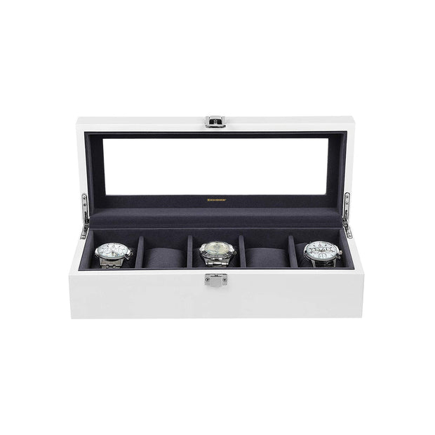 Wooden Watch Box – Elegant Finish – White – 5 Slots with Glass Lid and Velvet Lining