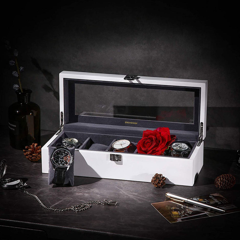 Wooden Watch Box – Elegant Finish – White – 5 Slots with Glass Lid and Velvet Lining