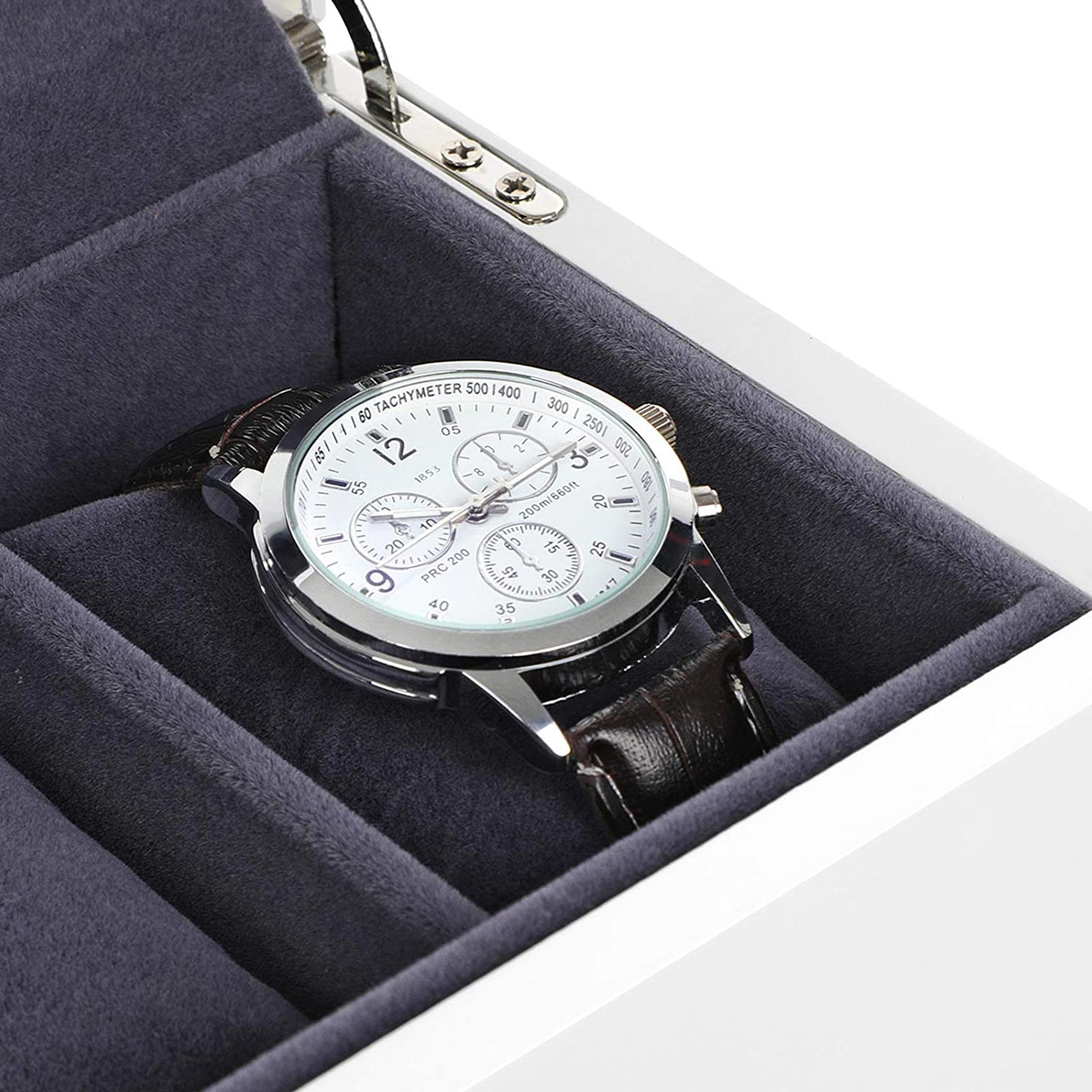 Wooden Watch Box – Elegant Finish – White – 5 Slots with Glass Lid and Velvet Lining