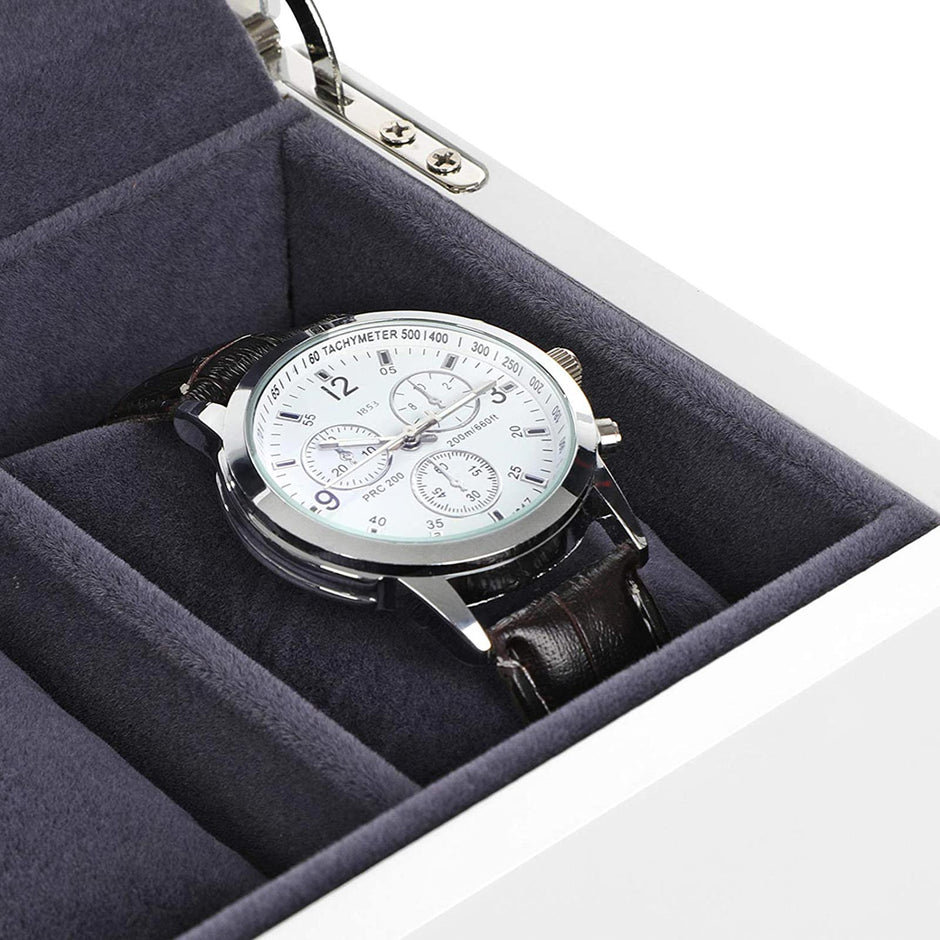 Wooden Watch Box – Elegant Finish – White – 5 Slots with Glass Lid and Velvet Lining