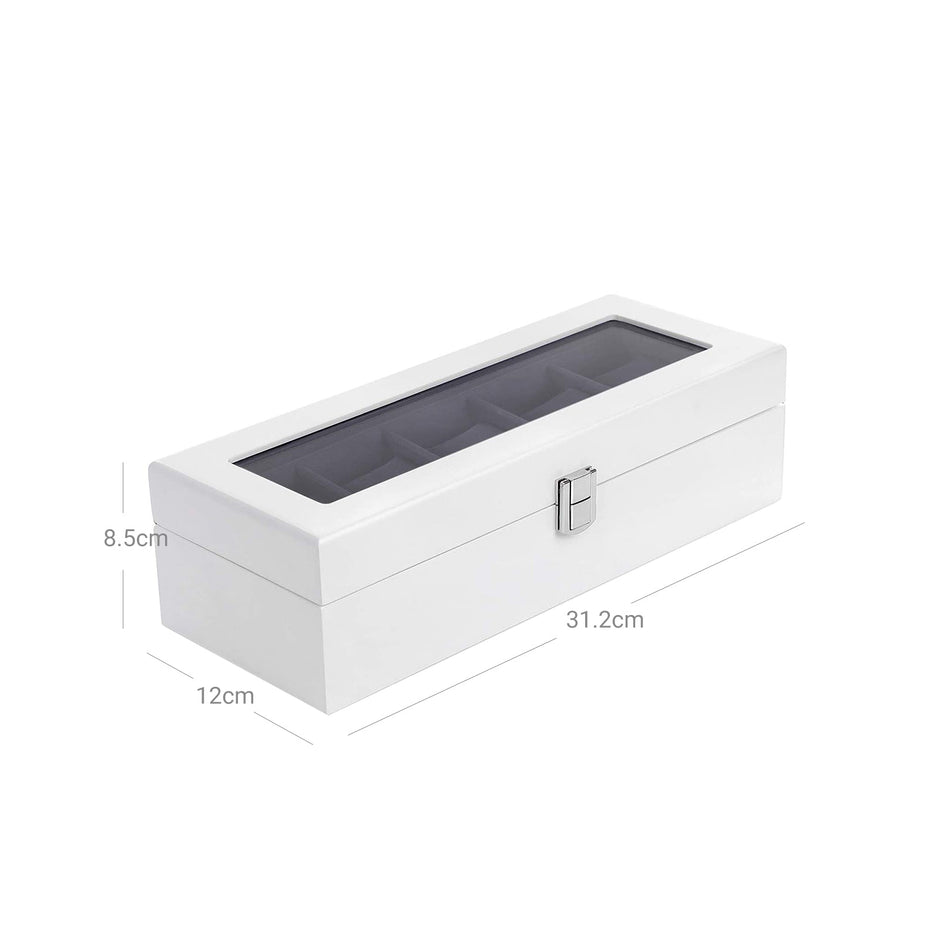 Wooden Watch Box – Elegant Finish – White – 5 Slots with Glass Lid and Velvet Lining