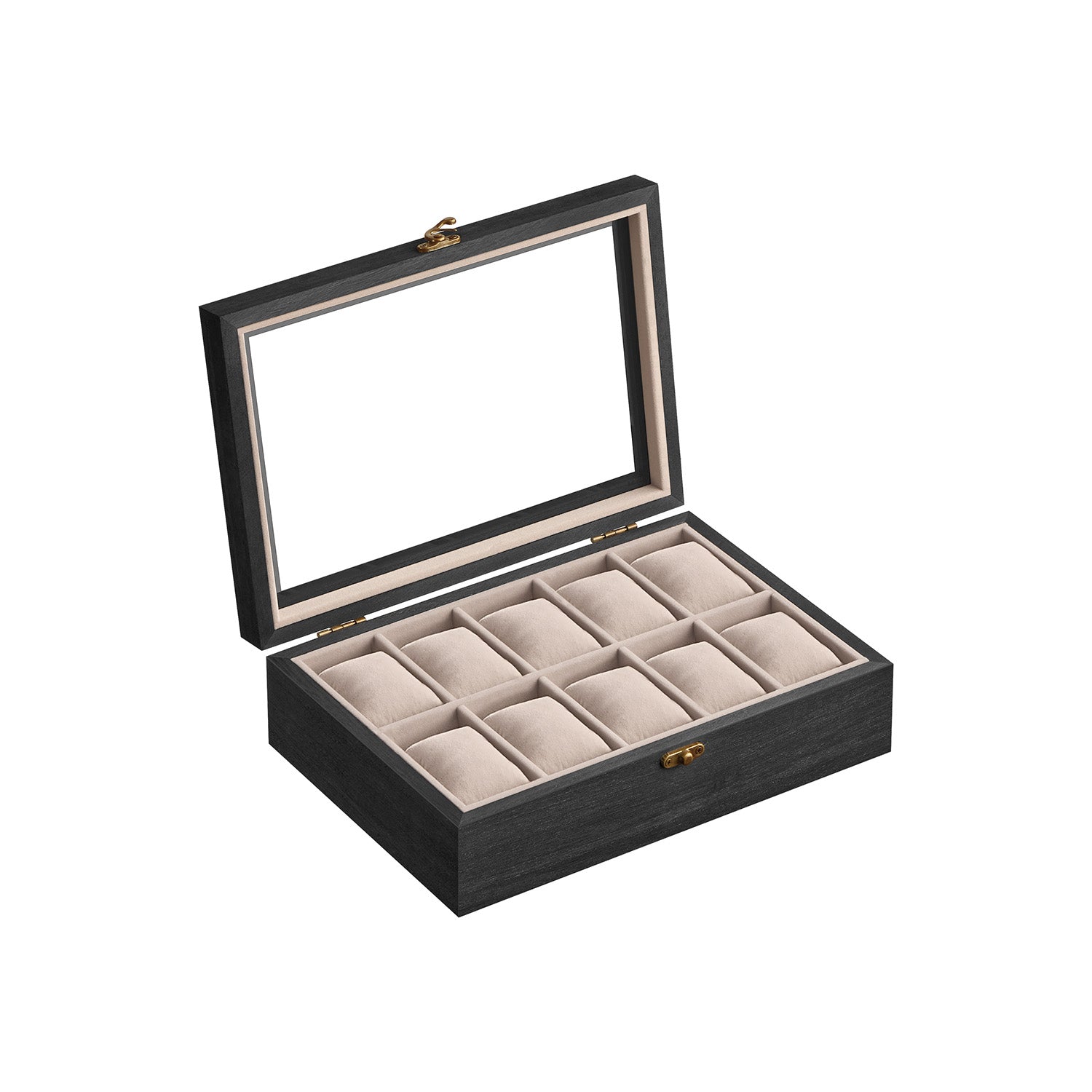 Watch Box – Solid Wood – Ebony Black – 10 Slot Organizer with Glass Lid
