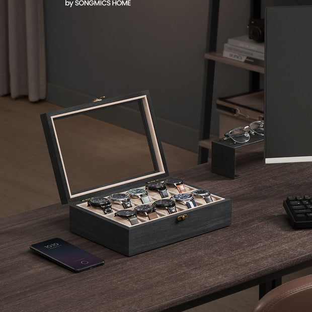 Watch Box – Solid Wood – Ebony Black – 10 Slot Organizer with Glass Lid