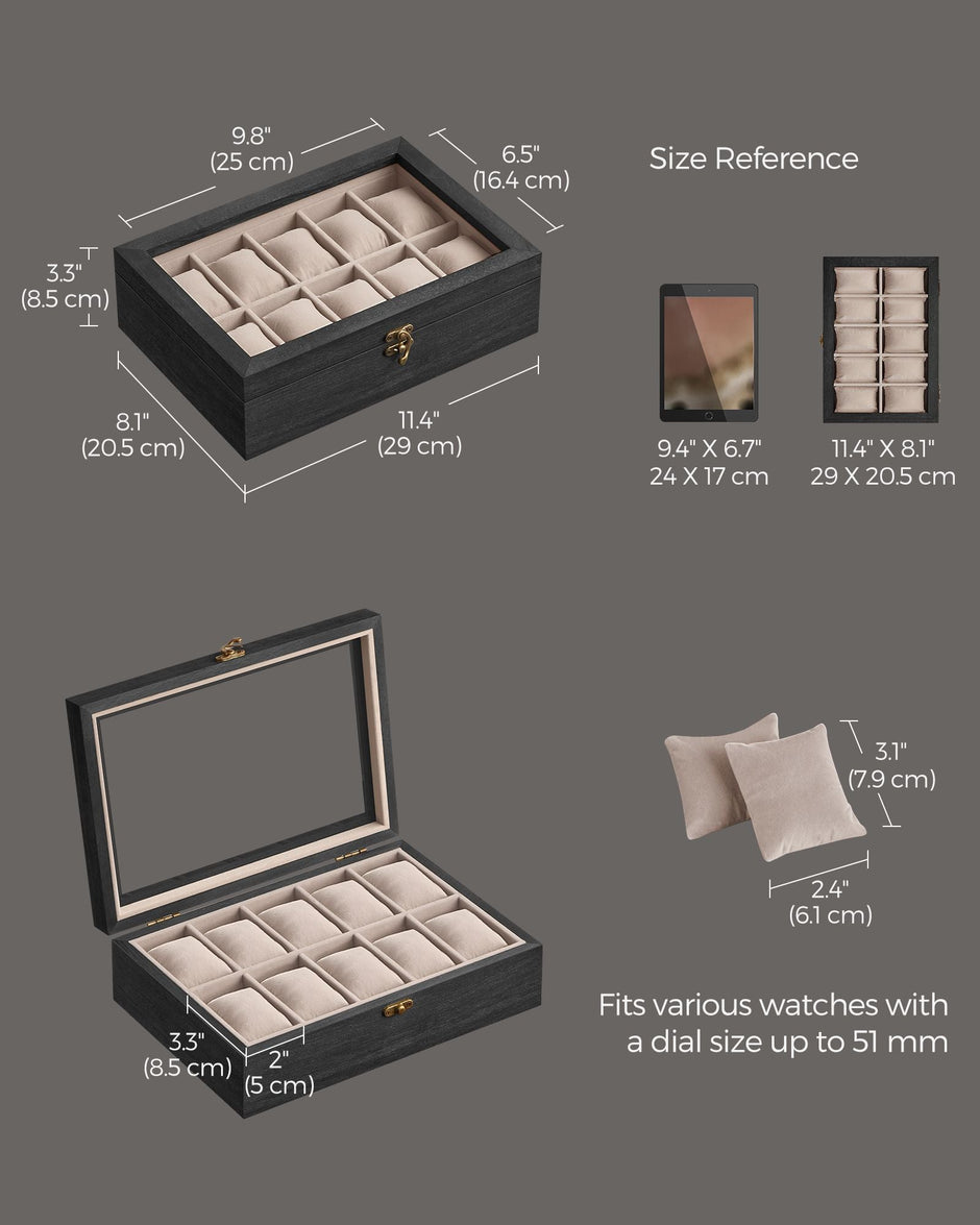 Watch Box – Solid Wood – Ebony Black – 10 Slot Organizer with Glass Lid