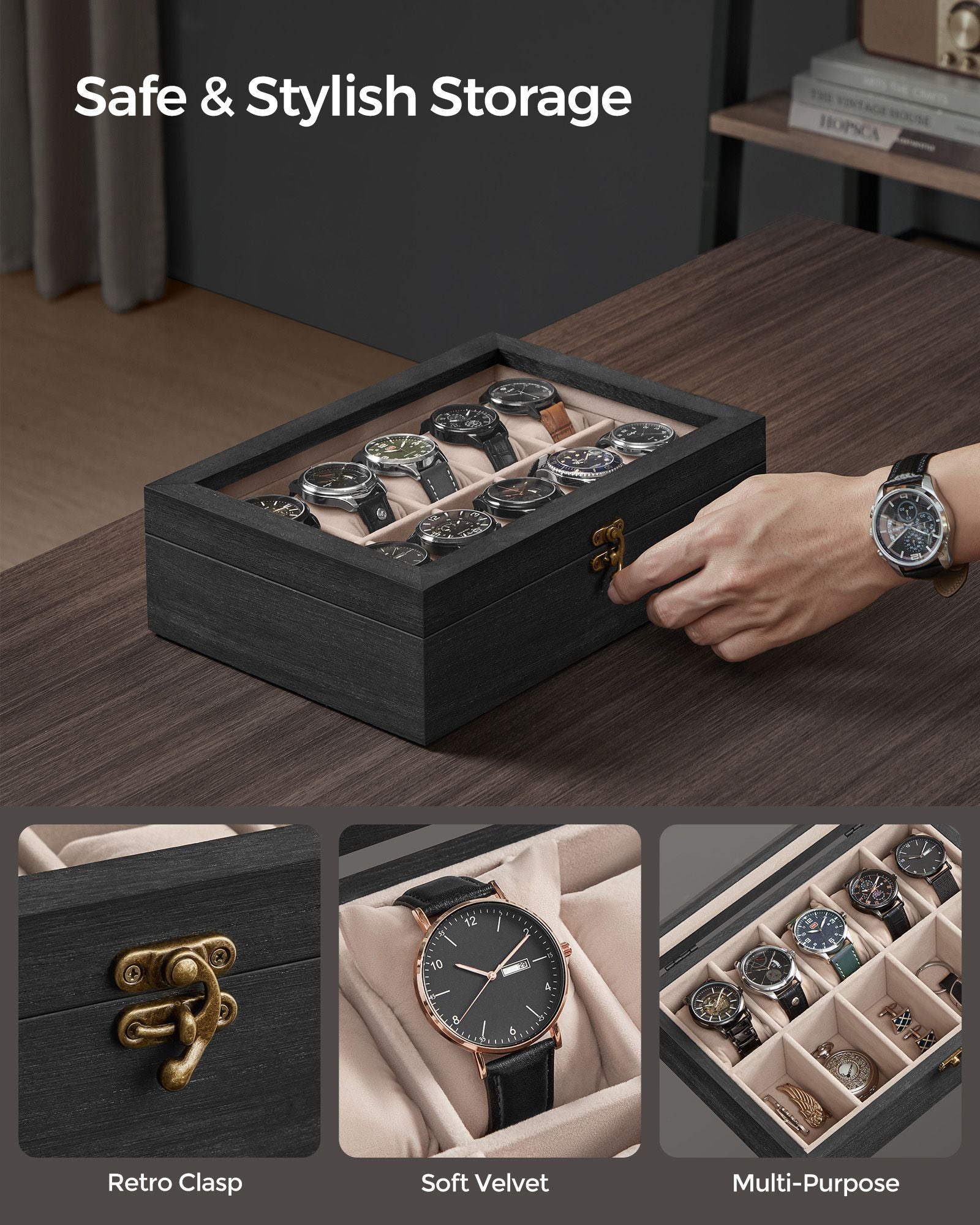 Watch Box – Solid Wood – Ebony Black – 10 Slot Organizer with Glass Lid