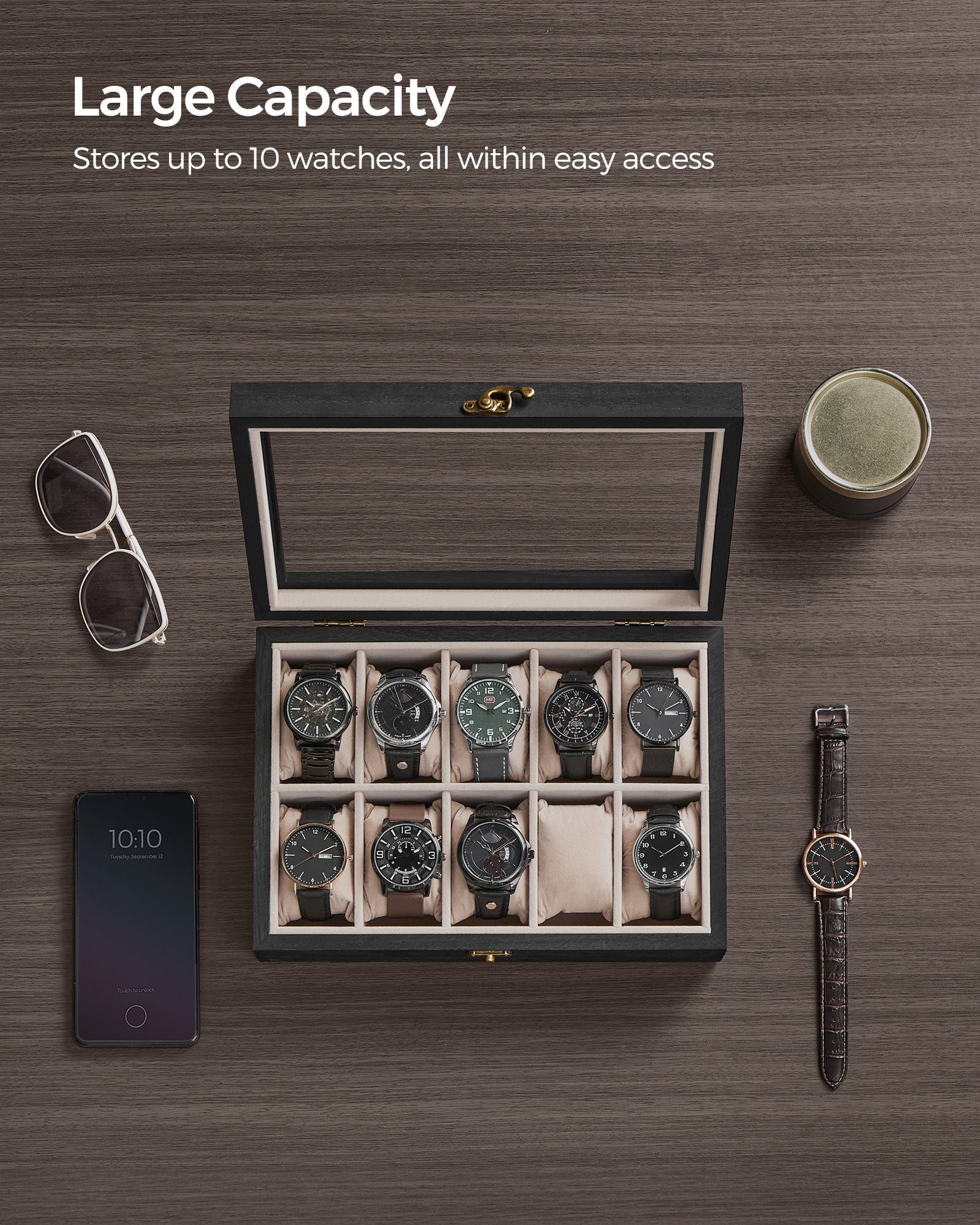 Watch Box – Solid Wood – Ebony Black – 10 Slot Organizer with Glass Lid