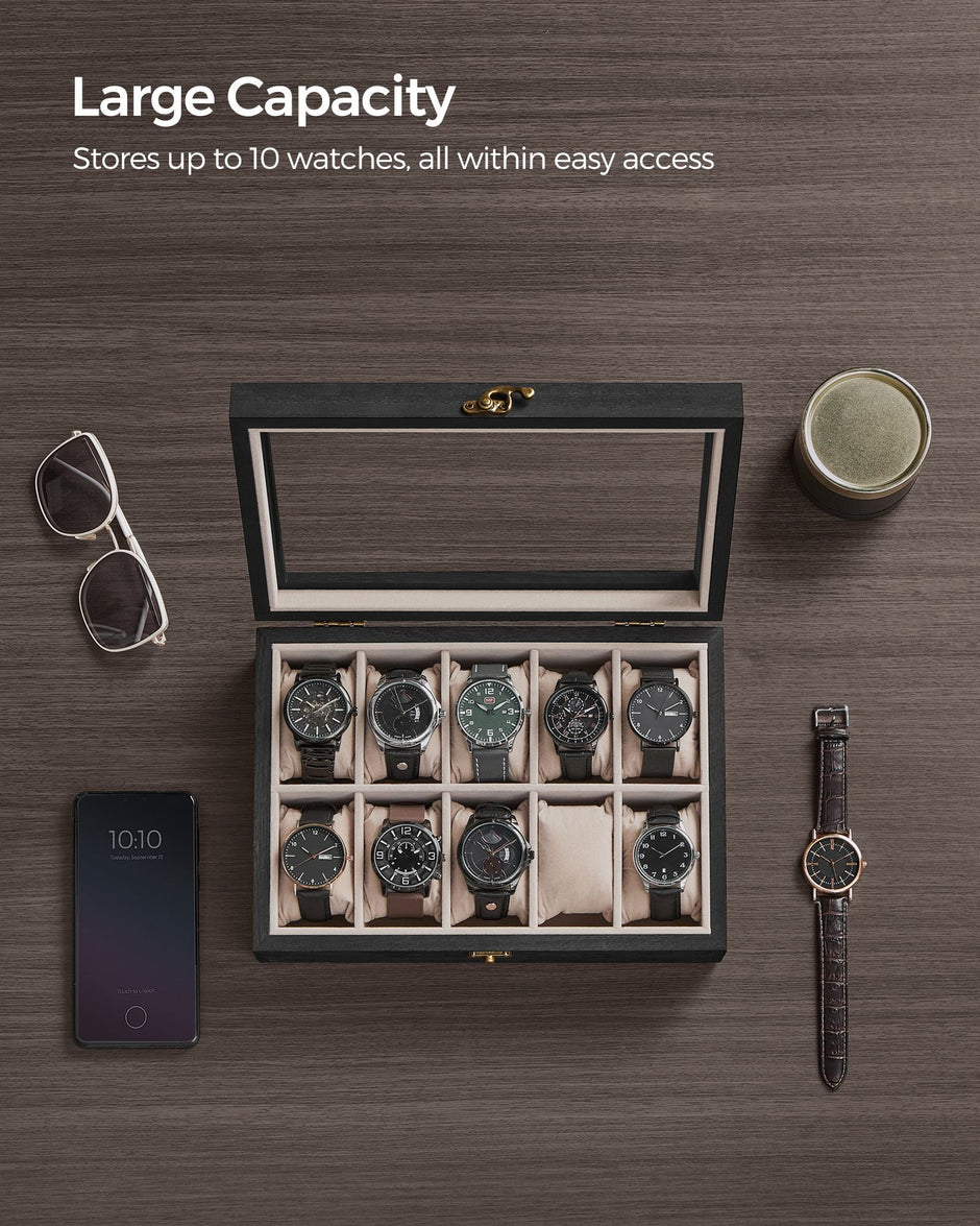 Watch Box – Solid Wood – Ebony Black – 10 Slot Organizer with Glass Lid