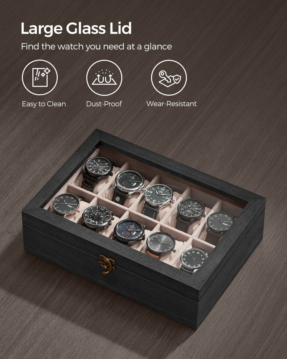 Watch Box – Solid Wood – Ebony Black – 10 Slot Organizer with Glass Lid