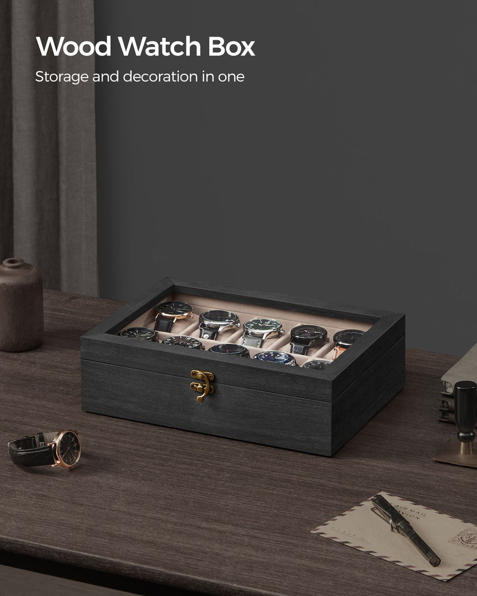 Watch Box – Solid Wood – Ebony Black – 10 Slot Organizer with Glass Lid