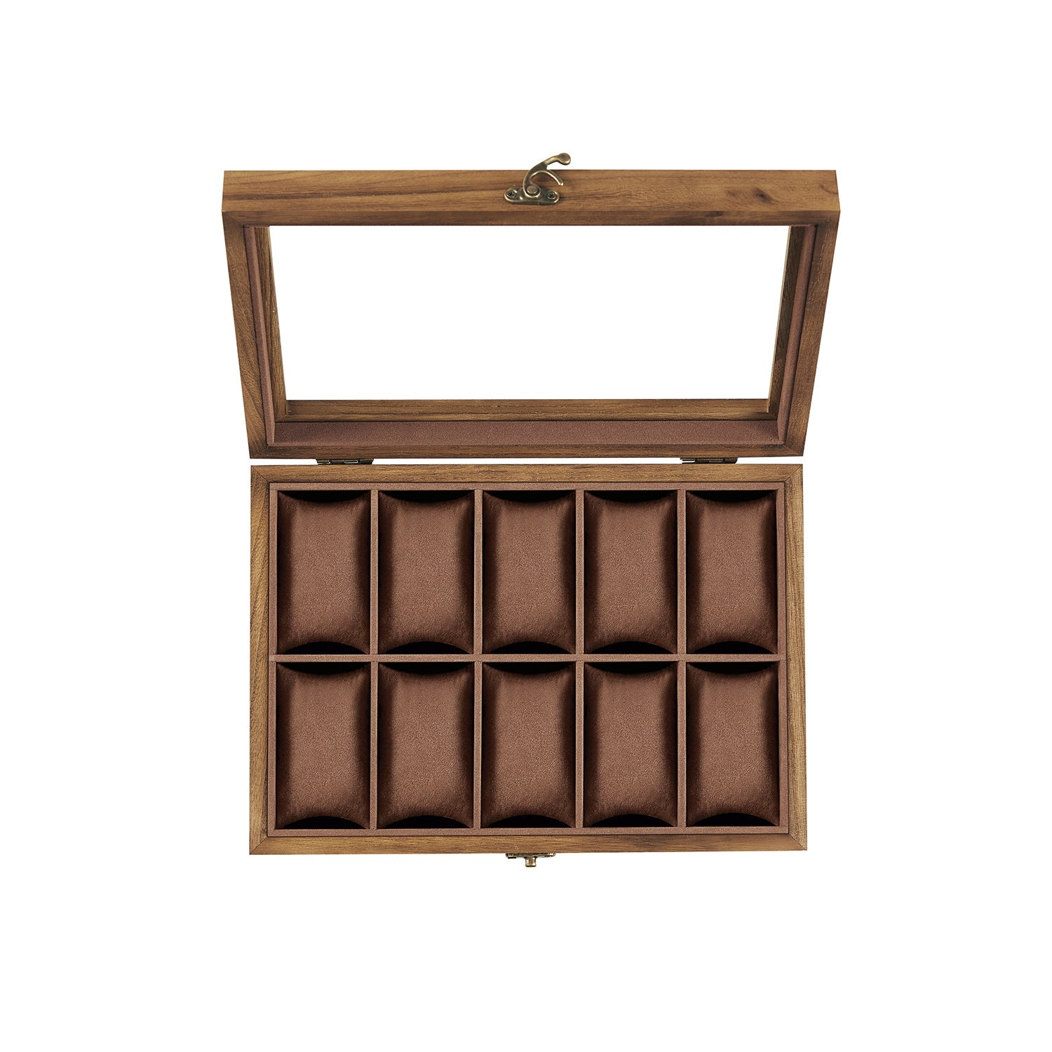 Watch Box – Solid Wood – Rustic Walnut – 10 Slots with Glass Lid and Removable Pillows