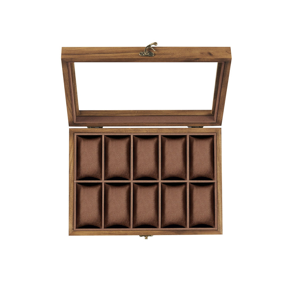 Watch Box – Solid Wood – Rustic Walnut – 10 Slots with Glass Lid and Removable Pillows