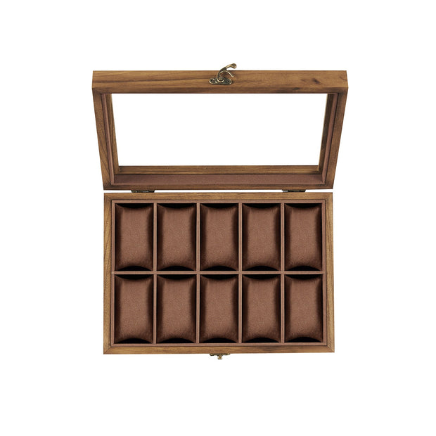 Watch Box – Solid Wood – Rustic Walnut – 10 Slots with Glass Lid and Removable Pillows