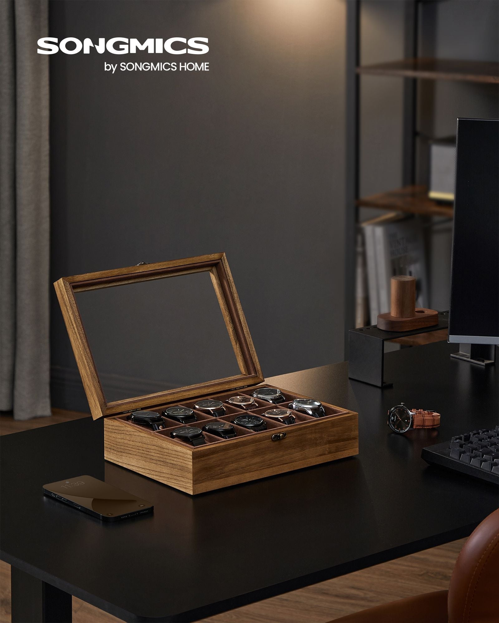 Watch Box – Solid Wood – Rustic Walnut – 10 Slots with Glass Lid and Removable Pillows