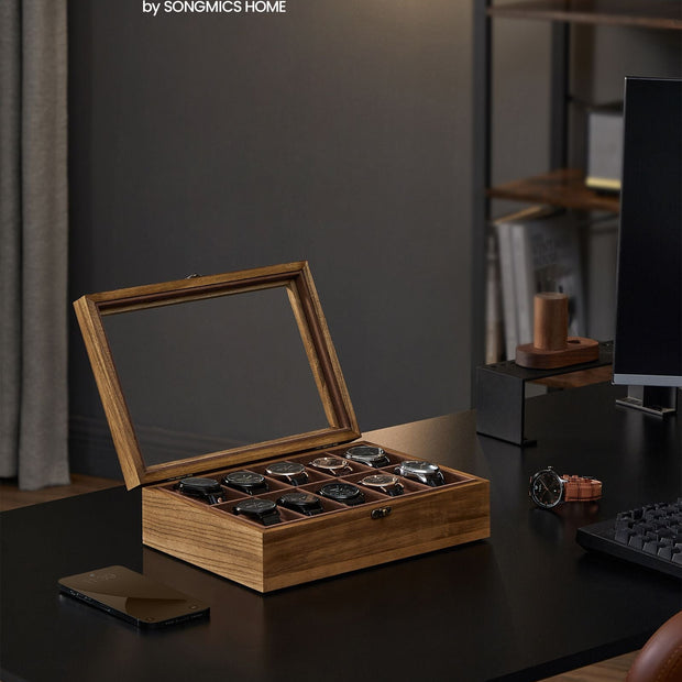 Watch Box – Solid Wood – Rustic Walnut – 10 Slots with Glass Lid and Removable Pillows