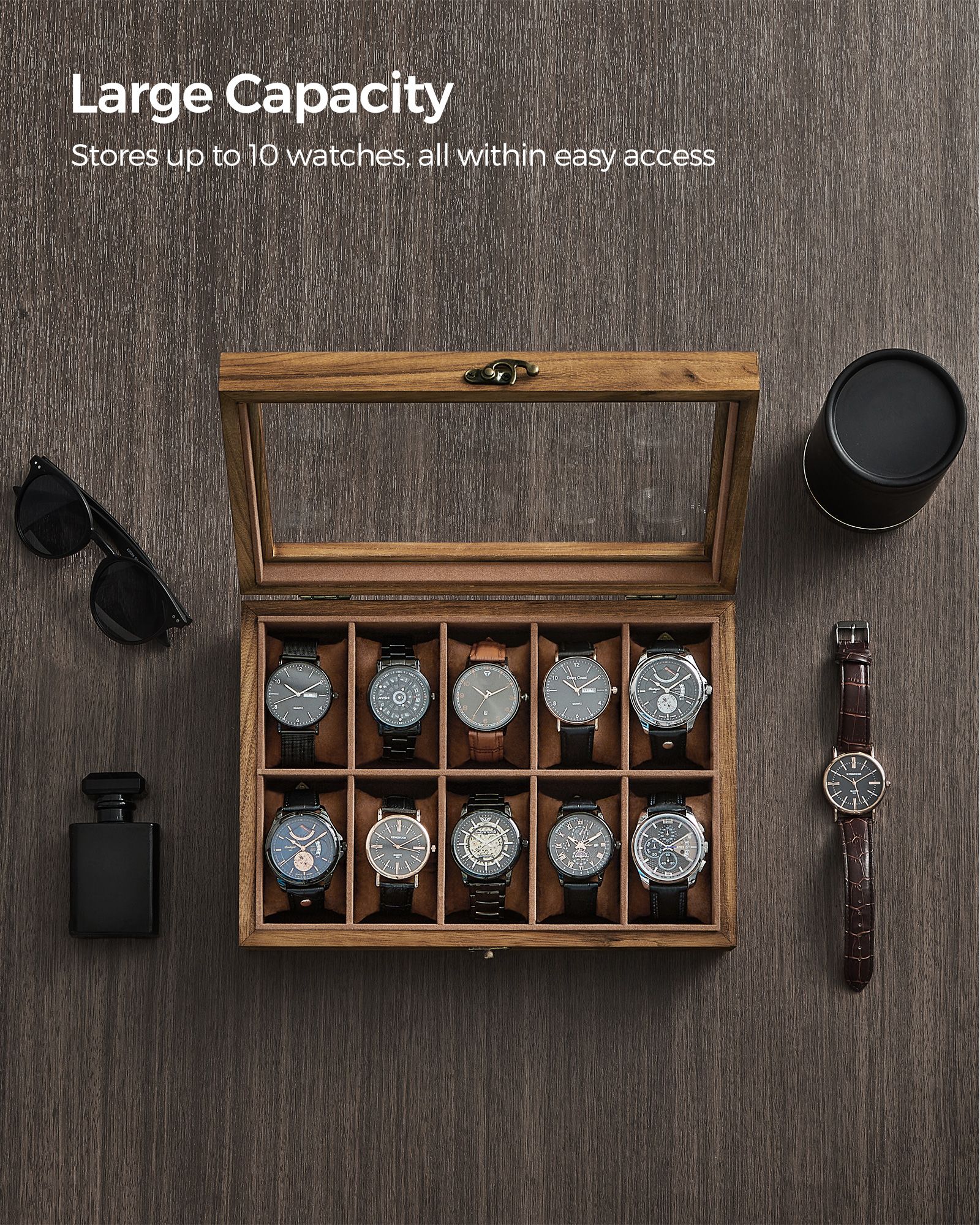 Watch Box – Solid Wood – Rustic Walnut – 10 Slots with Glass Lid and Removable Pillows