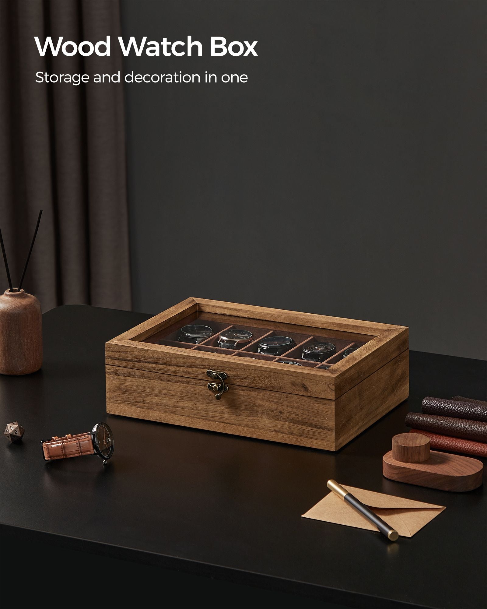 Watch Box – Solid Wood – Rustic Walnut – 10 Slots with Glass Lid and Removable Pillows