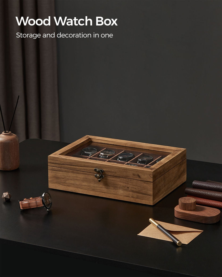 Watch Box – Solid Wood – Rustic Walnut – 10 Slots with Glass Lid and Removable Pillows