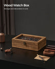 Watch Box – Solid Wood – Rustic Walnut – 10 Slots with Glass Lid and Removable Pillows