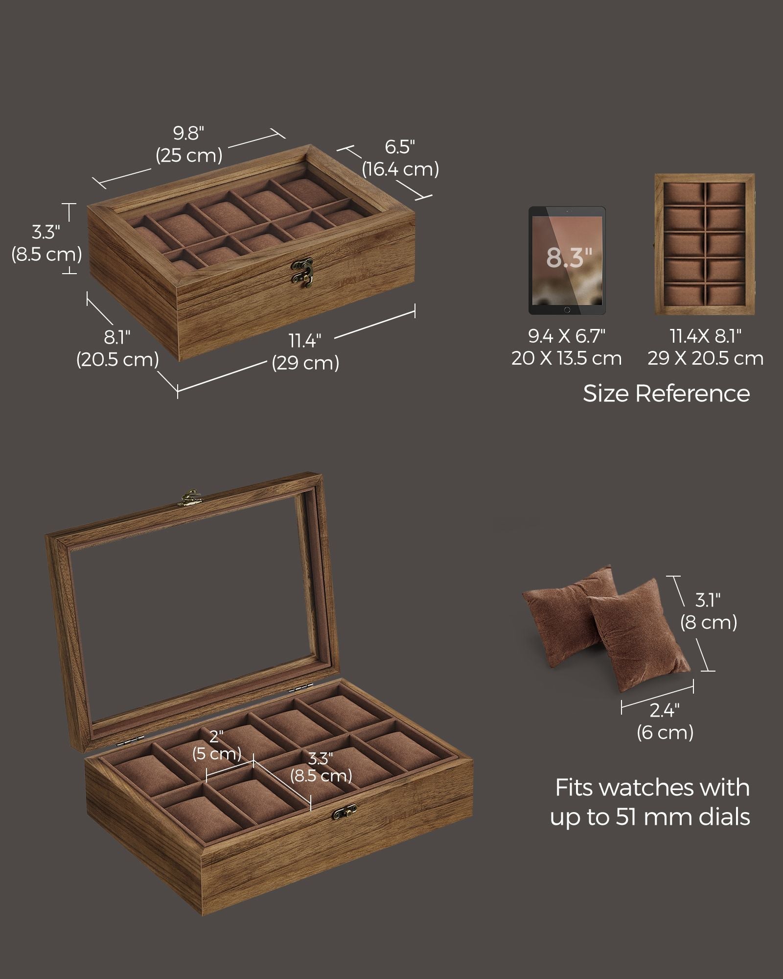 Watch Box – Solid Wood – Rustic Walnut – 10 Slots with Glass Lid and Removable Pillows
