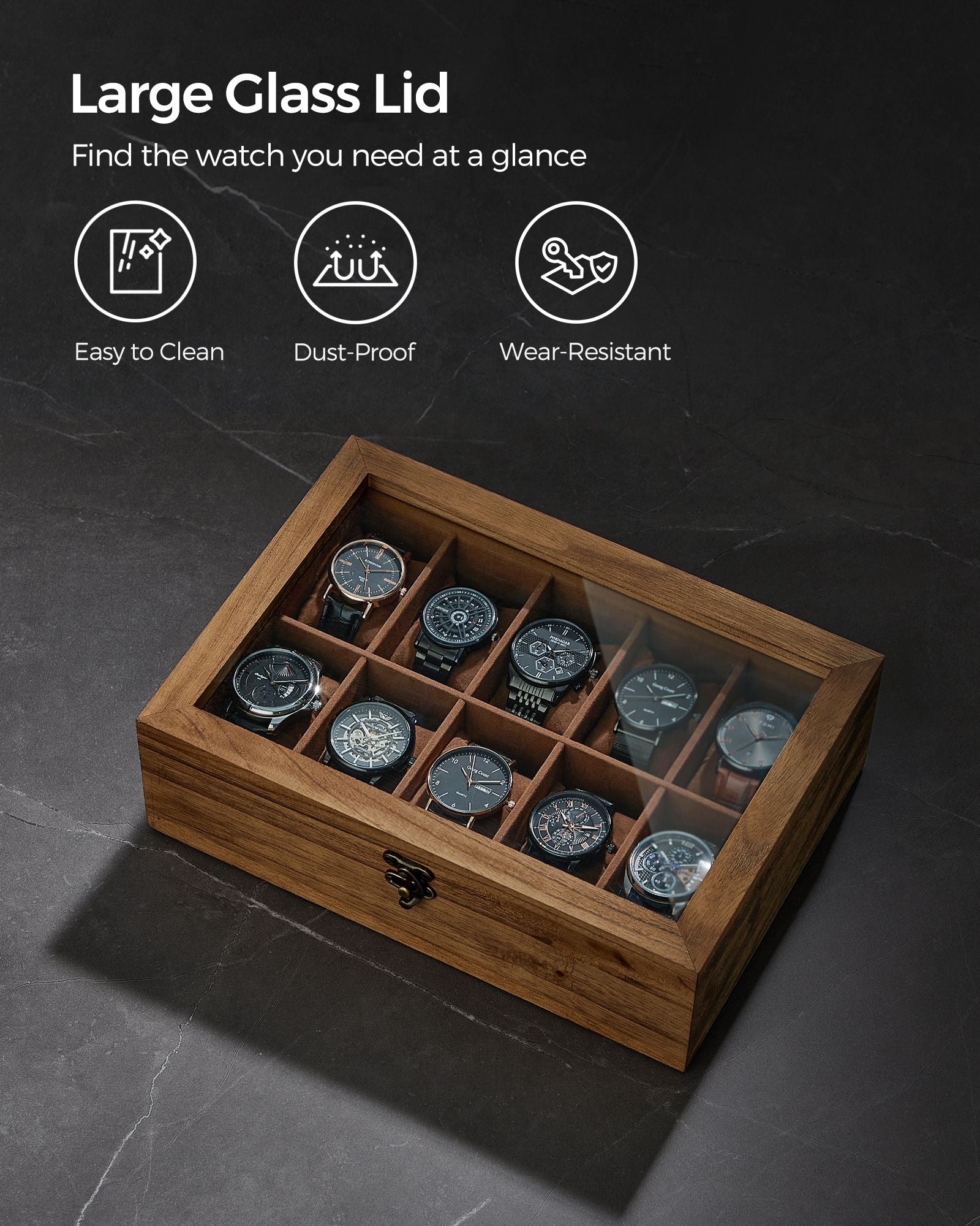 Watch Box – Solid Wood – Rustic Walnut – 10 Slots with Glass Lid and Removable Pillows