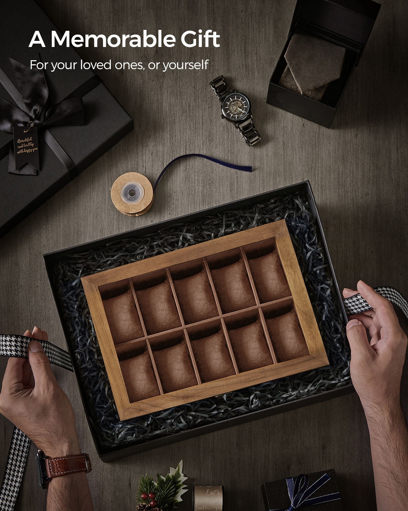 Watch Box – Solid Wood – Rustic Walnut – 10 Slots with Glass Lid and Removable Pillows